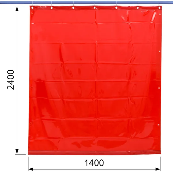 Czerwona zasłona spawalnicza o wymiarach 140x240 cm, zabezpieczająca przed UV i IR, z 4,5% przepuszczalnością światła dla lepszej kontroli pracy.